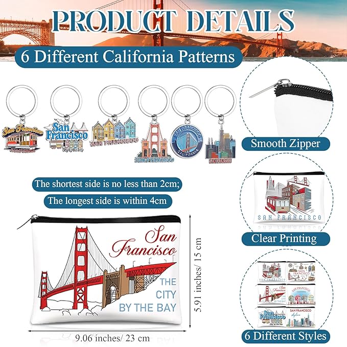 Landical 6 Sets San Francisco Souvenir Gifts Include 6 Pcs San Francisco Cosmetic Bag and 6 Pcs Metal Keychain for Women Traveler Christmas Gifts
