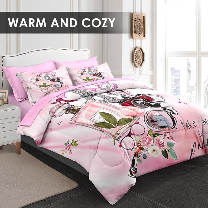 Comforter Set Twin Size, Paris Teen Girls 5 Pcs Pink Bedding for Kids and Adults, Cute Makeup Perfume Bed Sheet Sets with Fitted Sheet Pillowcase & Sham for Bedroom Bed Decor
