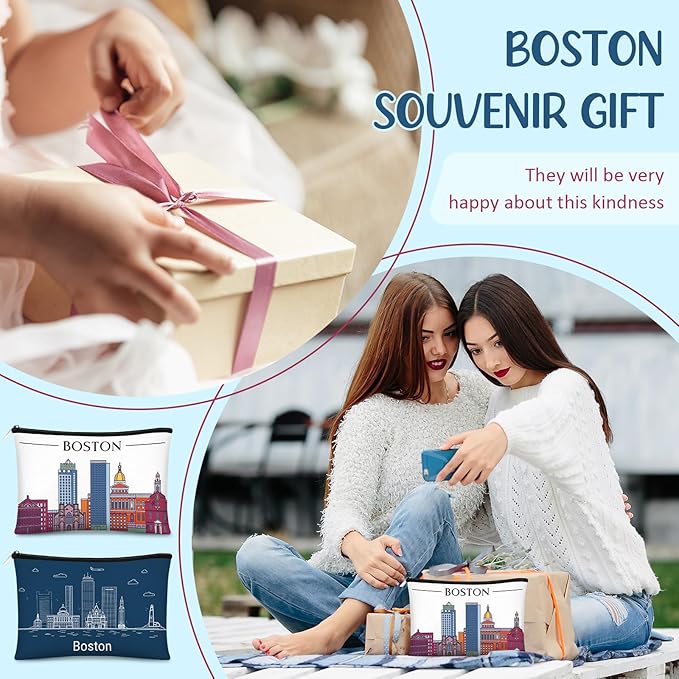 Reginary 6 Pcs City Cosmetic Bag Souvenir Gifts New York Zipper Pouch Chicago Souvenir Seattle Boston Nashville London Paris Italy Alaska Gifts Memento for Women Traveler(Boston)