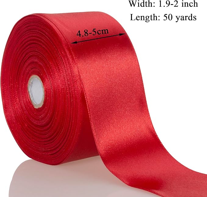 2 Inch Red Solid Satin Ribbon, 50 Yards Craft Fabric Ribbon for Gift Wrapping Floral Bouquets Wedding Party Decoration