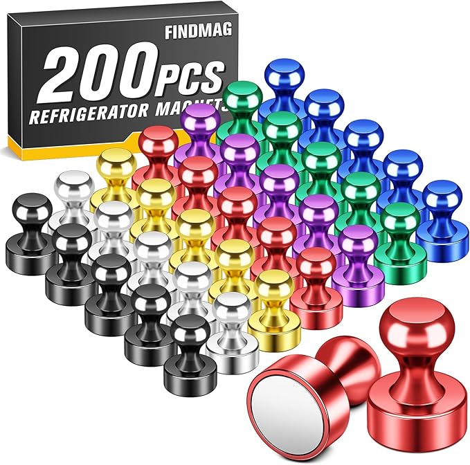 FINDMAG Magnets for Fridge, 200Pcs Decorative Neodymium Dry Erase Board Magnet, Strong Refrigerator Magnets for Whiteboard, Colorful Magnetic Push Pins for Office, Kitchen, Classroom, Home, Crafts