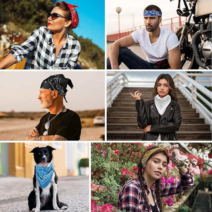 PLULON 30 Pack Bandanas for Men Women, Polyester Novelty Paisley Pattern Bandana Headbands Wristband Neckerchief Cowboy
