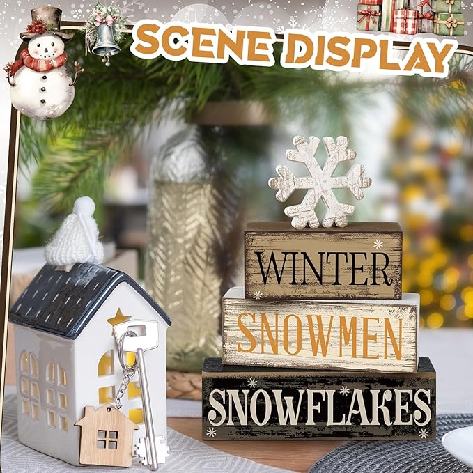 4 Pcs Winter Table Decorations Wooden Snowflake Decor Christmas Tiered Tray Decor Rustic Snow Block Signs Gift Farmhouse Christmas Centerpiece for Winter Wonderland Party Kitchen Shelf Home