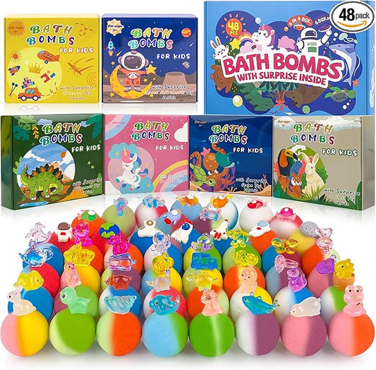 48pcs Bath Bombs for Kids with Toy Inside, Organic Colorful Bubble Bath for Kids Safe, Best Birthday, Party, Easter Bath Bombs Gift Set for Girls and Boys