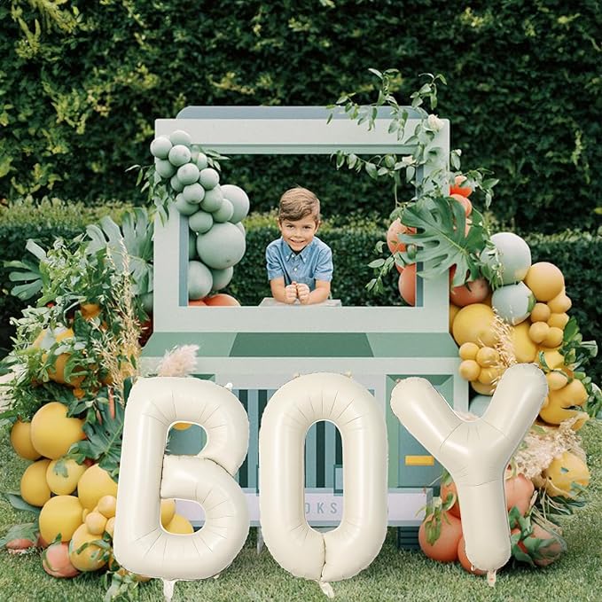 40 Inch Beige BOY Balloons, Large Cream White Sand BOY Balloon Letters with Ribbon, Ivory Alphabet Boy Balloon for Him Birthday Baby Boys Shower Boy or Girl Gender Reveal Party Decorations Supplies