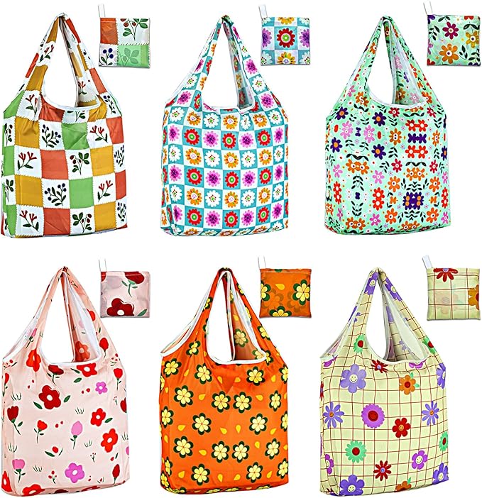 LOLOMLO 6 Pack Eco-Friendly Reusable Grocery Bags Lightweight Durable Washable Shopping Tote Foldable Outings Storage Pouch