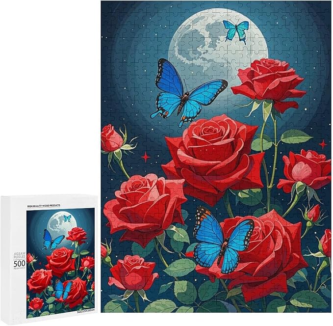 Jigsaw Puzzles for Adults 500 Piece - Butterfly Red Rose Garden Wooden Puzzles, Unique Gifts for Wall Art，Family Puzzles，Educational Games，Challenge Puzzles