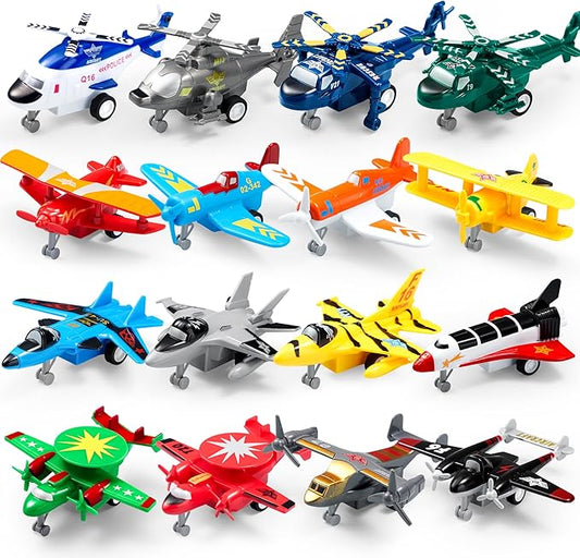 JOYIN 16 Pcs Pull Back Airplane Toys, Boys Plane Playset, Aircraft Incl Helicopter, Fighter, Bomber, Gifts for Toddler Kids 3+ Years Old, Christmas Kids Gifts, Treasure Box Toys for Classroom