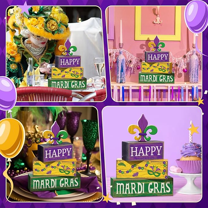 4 Pcs Mardi Gras Decorations Mardi Gras Wooden Sign Carnival Table Centerpiece Carnival Tiered Tray Decor Decorative Faux Book Stack Block for Masquerade Party Fireplace Mantel Shelf