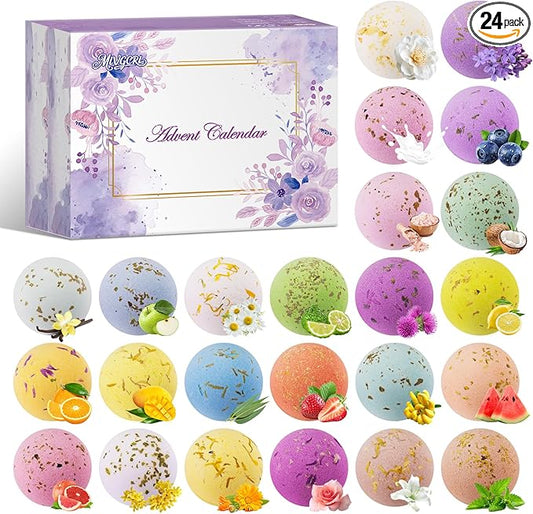 Advent Calendar 2025, 24 Different Natural Scents Bath Bombs Advent Calendar for Relaxation & Stress Relief-Christmas Gift for Women & Men, Stocking Stuffers