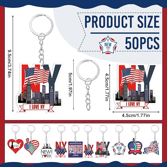50 Pcs New York Souvenirs Acrylic Keychain Gifts Bulk United State Keychain Star Statue of Liberty Travel Souvenirs