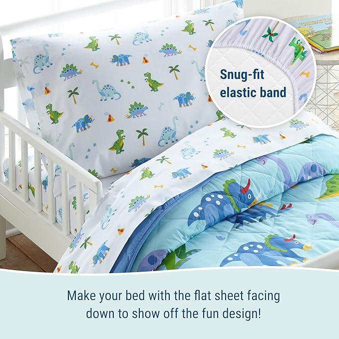 Wildkin 4-Piece Toddler Bed in a Bag – Cotton Comforter, Sheets & Pillowcase for Cozy Cuddles - Dinosaur Land
