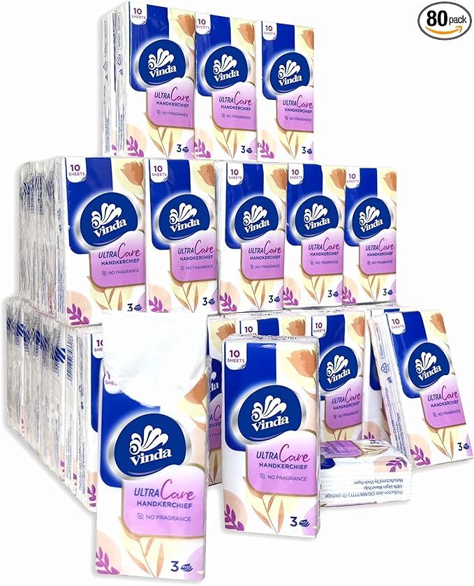Vinda 3-Ply Ultra Care Travel-Size Pocket Tissues – 80 Packs of 10 Ultra-Soft Facial Tissue, Perfect for Travel, Work, School & Daily Use