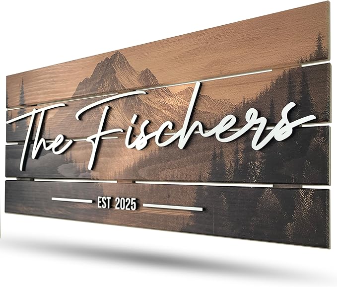 Custom Mountain Family Name Sign - Rustic Wood Wall Decor, Personalized Wedding & Gift for Couples Anniversary, Housewarming Gift for New Home 28x13" (Large)