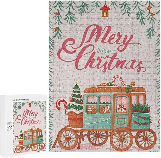 Wooden Puzzle - Christmas Gingerbread Express Train Jigsaw Puzzles，Wooden Puzzles for Adults 500 Pieces Unique Gifts for Wall Art，Challenge Puzzles，Educational Games，Family Puzzles
