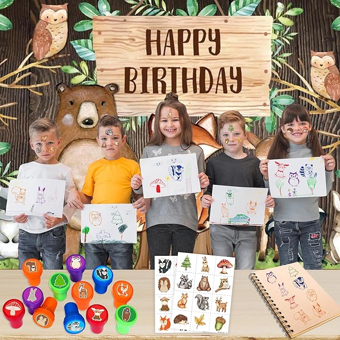 36PCS Woodland Animal Party Favors - 24PCS Pre-Cut Temporary Tattoos & 12PCS Stamps - Ideal Forest Themed Birthday Card Decorations Supplies Goodie Bag Baby Shower Kids Gifts Classroom Rewards Prizes