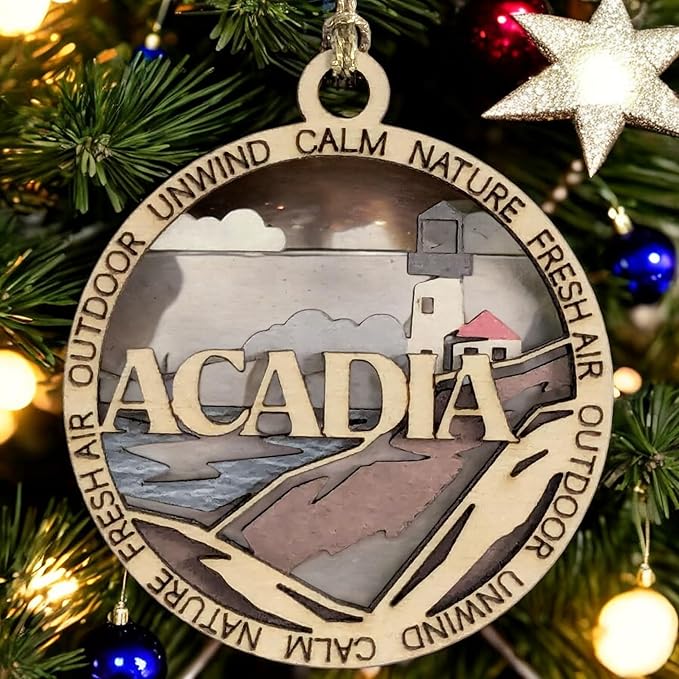 Acadia National Park Lighthouse - 3" Round Wood Christmas Ornament, Handmade in USA, 2-Layer Laser Cut with Color Artwork