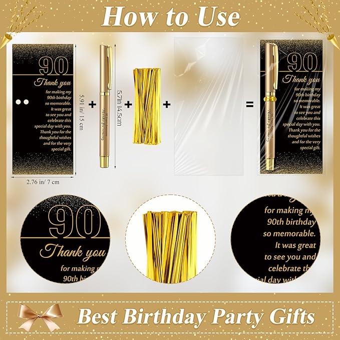 30 Set 90th Birthday Party Favor for Guest Anniversary Party Favor with Black and Gold Ballpoint Pens and Thank You Cards for Women Men Birthday Anniversary Appreciation Gifts