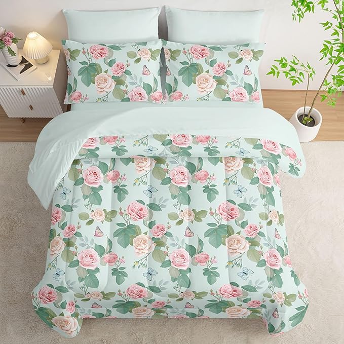 7Pcs Comforter Set Butterfly Flowers Green Leaves Printed Bedding Set with 1 Comforter,1 Flat Sheet,1 Fitted Sheet and 4 Pillowcases for Boys and Girls Bedroom All Season(Queen)