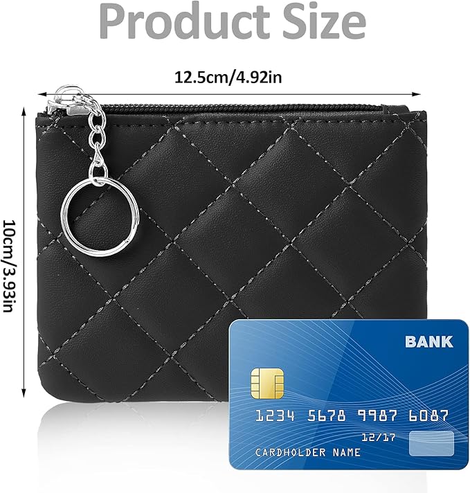 Real Leather Coin Purse with Rhombus Embroidery Zipper Keychain Mini Wallet for Women & Men (Black)