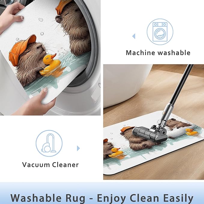 Cute Capybaras Swim Bath Mat 29.5"x17",Slim Low-Profile Fast Drying Super Absorbent Bathroom Rug with Non-Slip Backing, Easy-Clean Modern Floor Mat for Tub, Shower, or Entryway