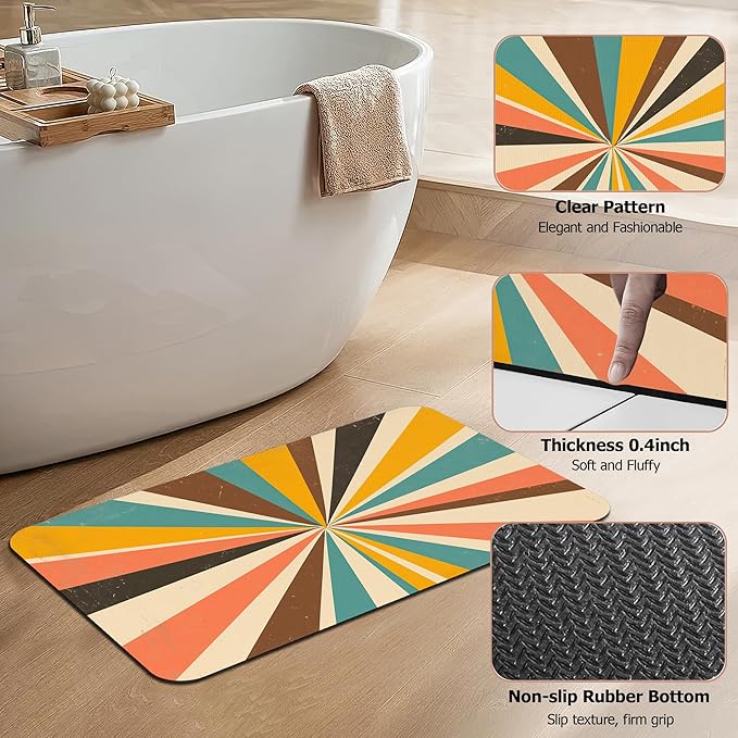 Diatomaceous Earth Bath Mat,Retro Vintage Bath Rugs,Radial Rays Non-Slip Thin Absorbent Fast Drying Easy to Clean for Bathroom Laundry Home Kitchen Door Mat 17x29.5Inch