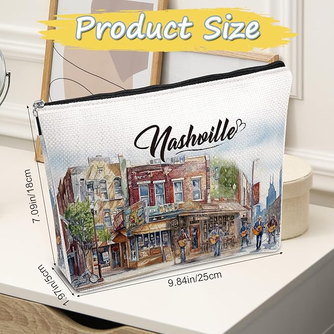 Nashville Travel Gifts Makeup Bag, Watercolor Nashville City Cosmetic Bag, Travel Essentials Souvenir Gifts for Nashville Lovers Travellers Women Girls Birthday Bachelorette Party Favors