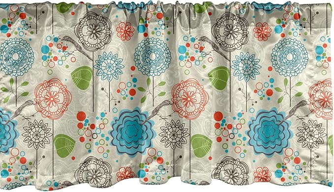 Ambesonne Floral Window Valance Pack of 2, Retro Doodle Flower Field Dandelions Daisy Birds Circles Cheerful Image, Rod Pocket Curtain Valances for Kitchen Bedroom, 54" X 12", Deep Sky Blue