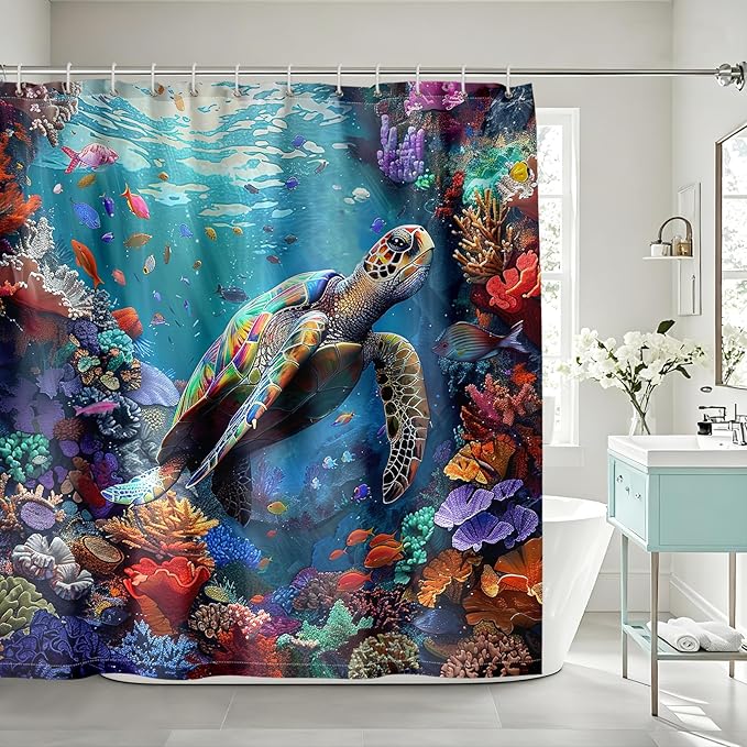 Turtle Shower Curtains for Bathroom - 4 Pcs Kids Shower Curtain Set Ocean Shower Curtains for Bathroom Sea Turtle Shower Curtain Set with Rug,Toilet Cover and Bath Mat with 12 Hooks