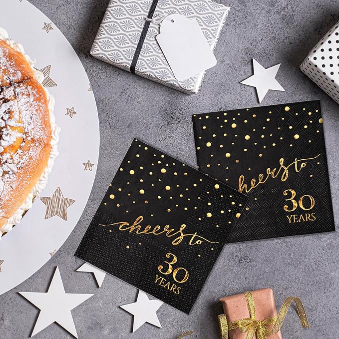 100 Pack of 30th Birthday Napkins, Cheers to 30 Cocktail 5x5 Inches Party Paper Napkins for Birthday Decorations Wedding Anniversary Black and Gold, 3-Ply