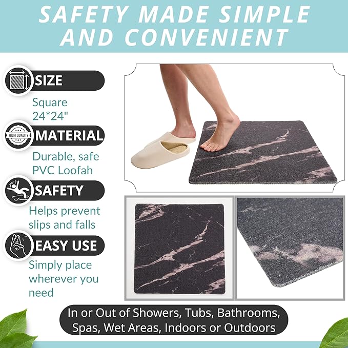 Enkosi Loofah Shower Mat Non Slip – Square Anti Slip Bath Mat for Inside Showers, Bathtub, Tub, Bathroom - Cushioned, Quick Dry PVC with Drain Holes - Secure Grip Safety Pad (Marble Black 24x24)