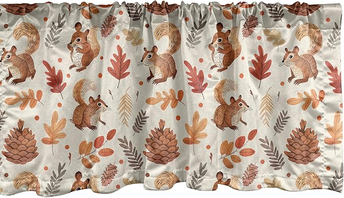 Ambesonne Fall Window Valance, Vintage Farmhouse Autumnal Theme with Squirrels Pinecones and Leaves Print, Curtain Valance for Kitchen Bedroom Decor with Rod Pocket, 54" X 18", Beige Brown and Cocoa