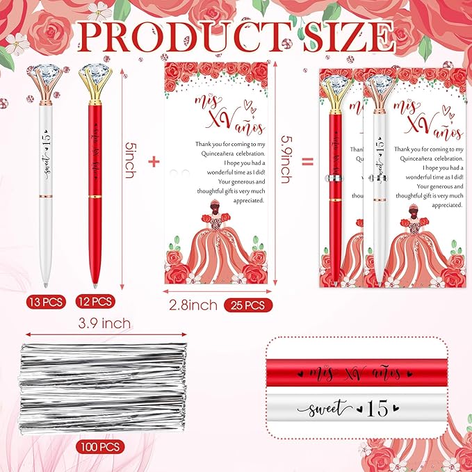 25 Set Quinceanera Party Favors for Guest Sweet 15 Diamond Pens Bulk Mis XV Años Fancy Ballpoint Pen with Thank You Cards and Ties 15th Birthday Thank You Gifts(White, Red)