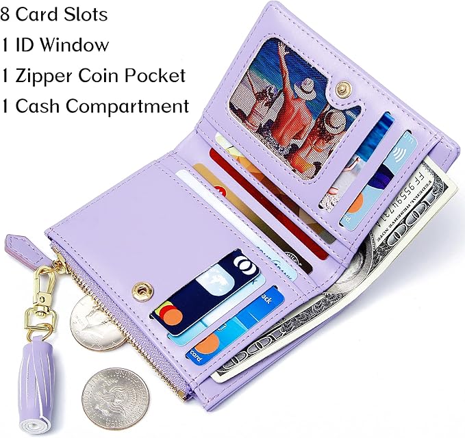 GEEAD Small Wallets for Women Bifold Slim Coin Purse Zipper ID Card Holder PU Leather Purple