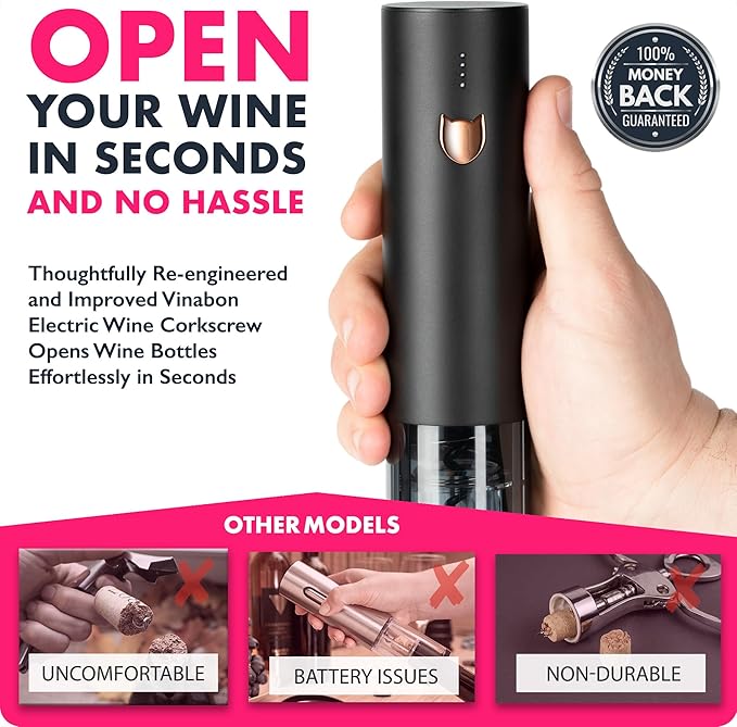 VINABON Electric Wine Opener - Updated 2026 One-Touch Automatic Wine Bottle Opener Corkscrew - Rechargeable (Up to 100 Bottles/Charge) with Foil Cutter Stand, LED Indicator. Includes Wine Guide eBook