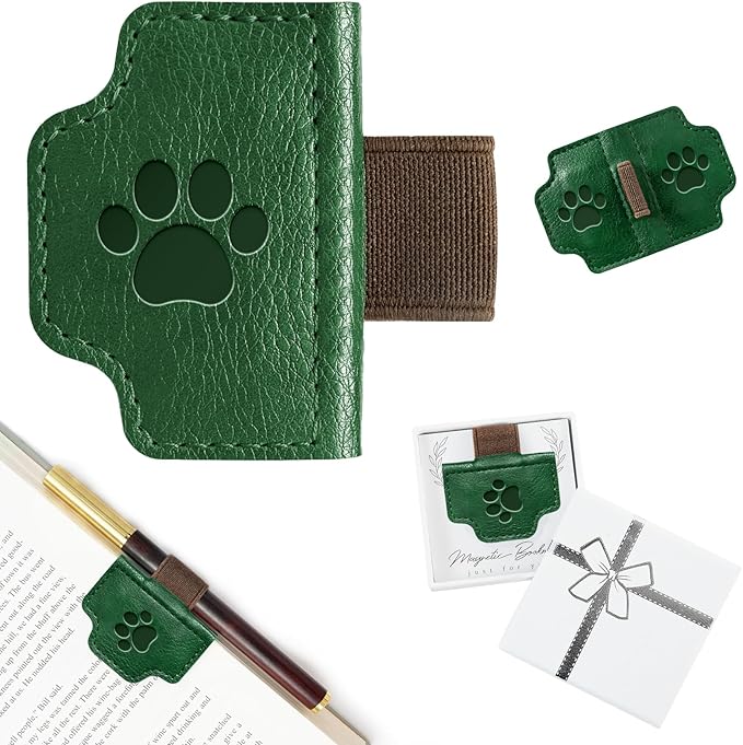 BygoneMark Magnetic Leather Bookmark with Pen Holder, Personalized Custom Initial Page Marker & Pen Clip, Professional Book Accessory for Students (Green-Cat)