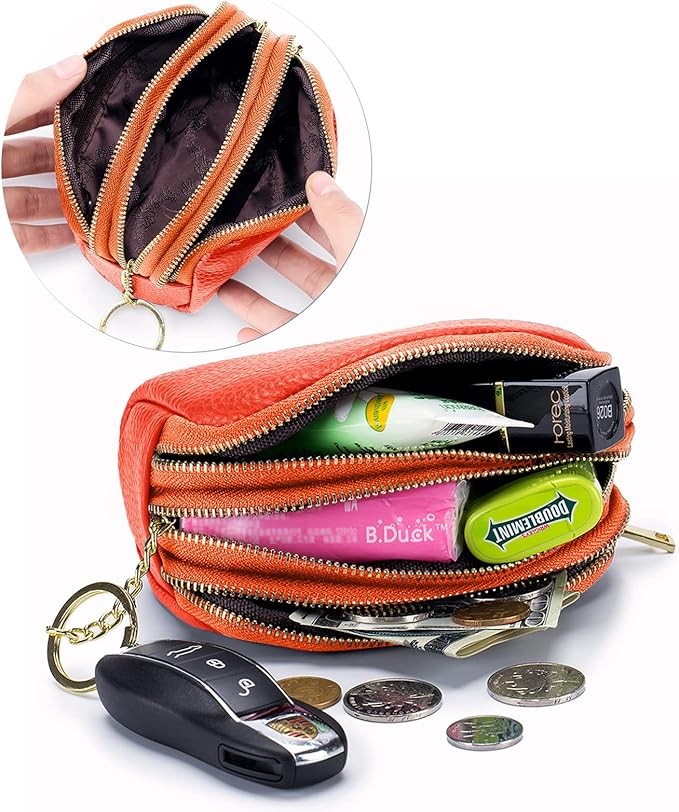 LINNO 3 Zippered Genuine Leather Coin Purse Triple Capacity Change Pouch Little Travel Wallet With Key Ring for Women