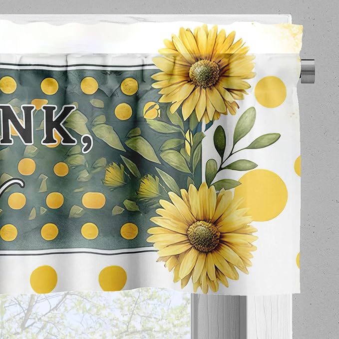 Ambesonne Eat Drink Laugh Valance & Tier Curtain 3 pcs Set, Vintage Summer Themed Print of Tea Pots Mugs and Cups Daisies, Window Treatments for Kitchen Room Decor, 55" x 30", Mustard and Hunter Green