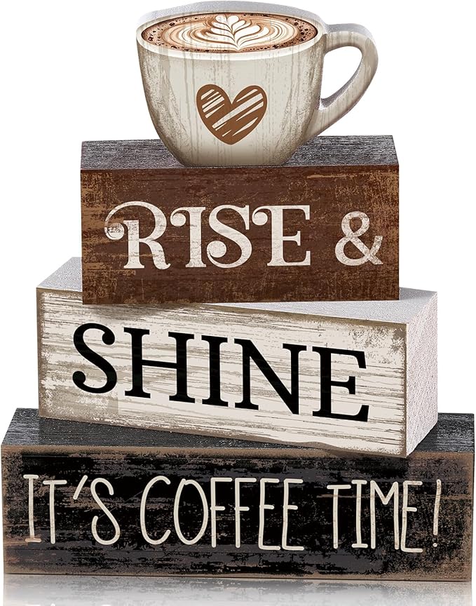 4 Pcs Farmhouse Coffee Bar Sign Decor Wooden Cup Rise & Shine It's Coffee Time Rustic Wood Cafe Sign Gift for Home Kitchen Tabletop Decor