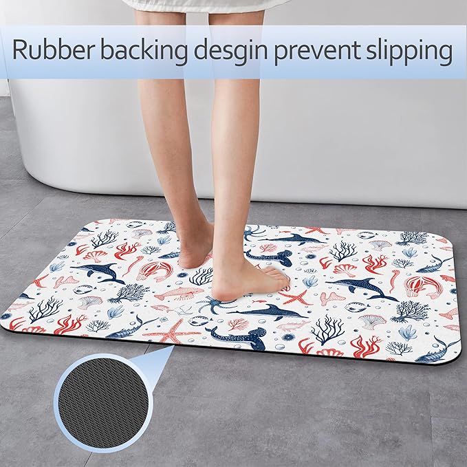 Cartoon Dolphin Bathroom Rug 29.5"x17",Shells Corals Quick-Drying Super Absorbent Diatomite Bath Mat with Non-Slip Backing, Thin Washable Bathroom Floor Mat Fits Under Door for Shower, Sink, or Tub