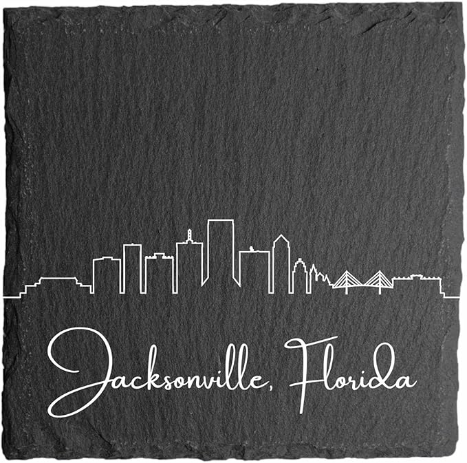 Blue Ridge Mountain Gifts - Jacksonville FL Skyline Coasters, Set of 4 - Jacksonville Florida Souvenir, Slate Coasters with Minimalist Skyline, Housewarming Gift for Friends, Family, & Neighbors