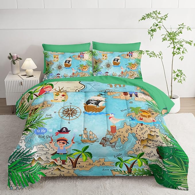 7Pcs Comforter Set Pirate Ship Printed Bedding Set with 1 Comforter, 1 Flat Sheet, 1 Fitted Sheet and 4 Pillowcases for Boys and Girls Bedroom All Season(Pirate Ship Twin)