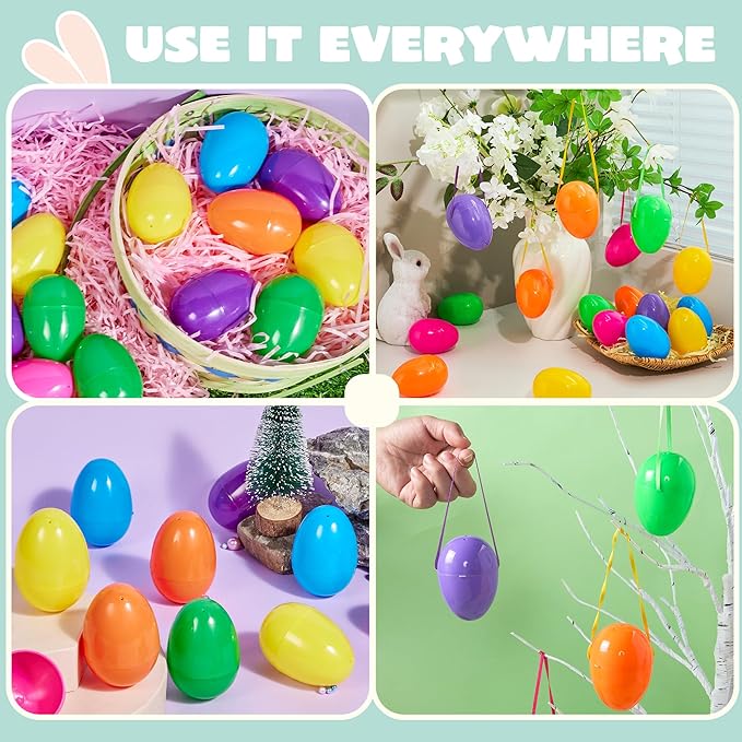 JOYIN 36 PCS 3.15" Easter Eggs with Hanging Ribbon, Colorful Plastic Eggs Empty Fillable, Bright Eggshells for Easter Hunt, Basket Stuffers, Hanging Tree Decor, Party Favor Supplies
