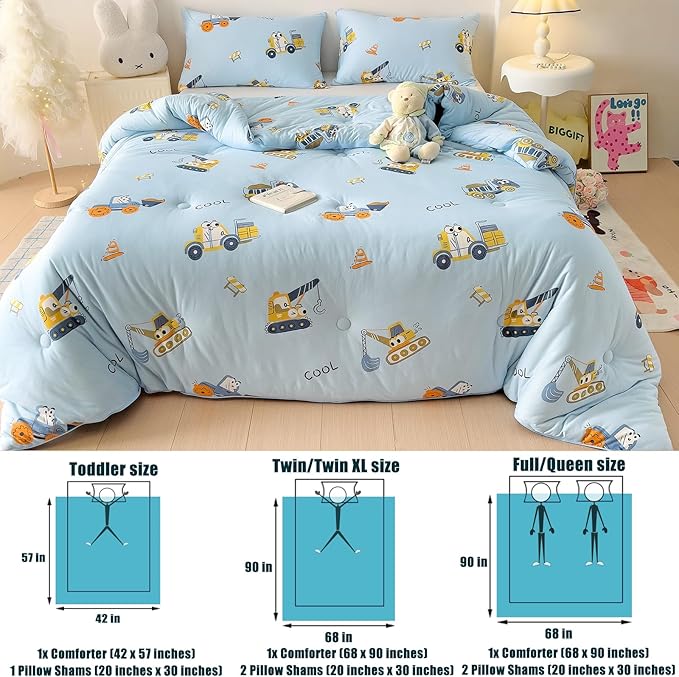 3PCS Comforter Set Queen Size, Ultra Soft Marshmallow Fluffy Comforter Bed Sets, Cute Bedding Set for Kids Boys Teen, Microfiber Lightweight All Seasons Bedroom (Truck)