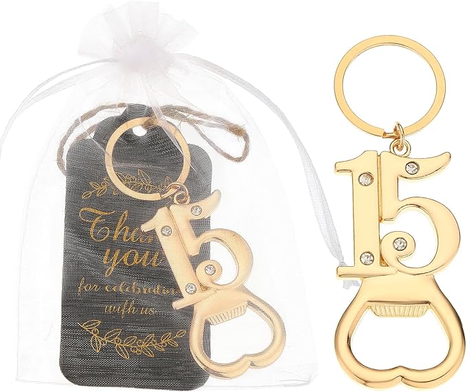 24 pcs 15th Gold Keychain Bottle Opener Birthday Party Favors for Guests,15th Beer Bottle Opener Favors Bulk for 15 Birthday Anniversary Souvenirs Party Decor Supplies (Gold 15th)
