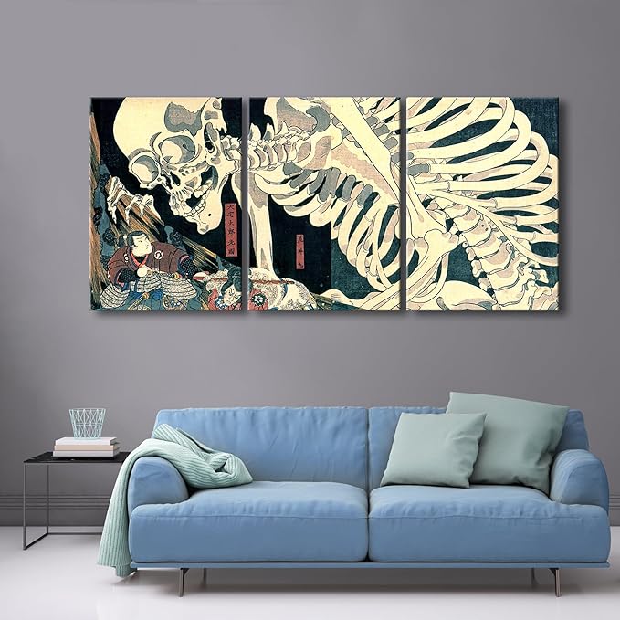 Wieco Art 3 Piece Witch and Skeleton Ukiyo-E by Utagawa Takiyasha Historic Cultural Illustrations for Living Room Bedroom Home Decorations Landscape Artwork