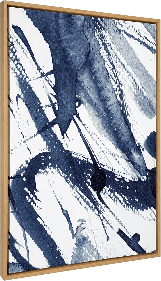 Kate and Laurel Sylvie Indigo Watercolor Framed Canvas Wall Art by Amy Peterson, 31.5x41.5 Natural, Modern Blue Abstract Art for Wall