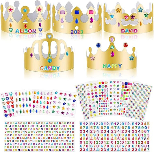 ZYNERY 47 PCS Golden Birthday Crowns with DIY Stickers Kit Paper Crown Party Hats for Kids Classroom School,Prince Princess Birth Decor Gift
