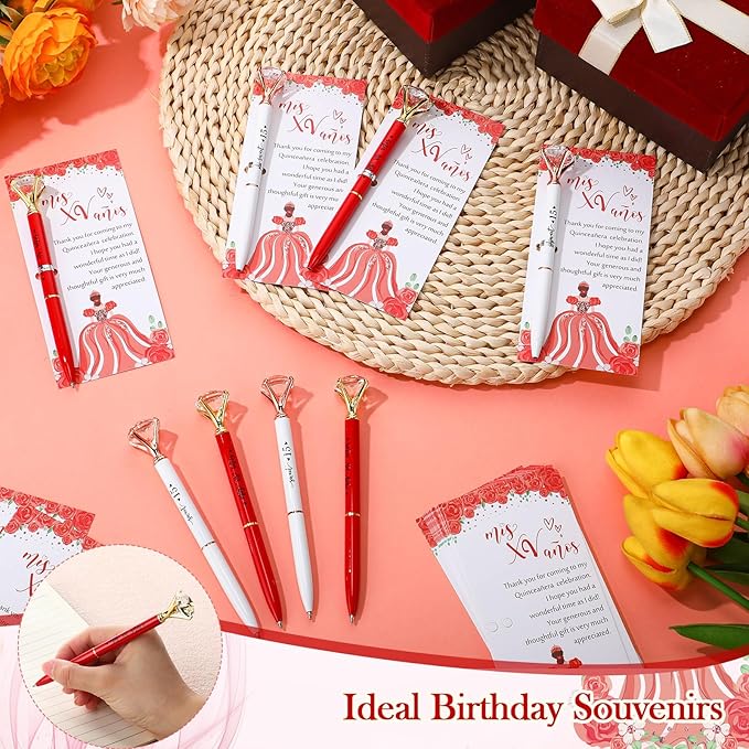 25 Set Quinceanera Party Favors for Guest Sweet 15 Diamond Pens Bulk Mis XV Años Fancy Ballpoint Pen with Thank You Cards and Ties 15th Birthday Thank You Gifts(White, Red)