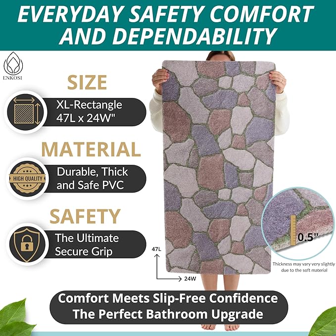 Anti Slip Shower Mat - Non Slip Shower Mats for Inside Shower - Large 47x24 Loofah Shower Floor Mat Non Slip - Bath Mat for Shower - Secure Mat Without Suction Cups (47x24 Stone Path)